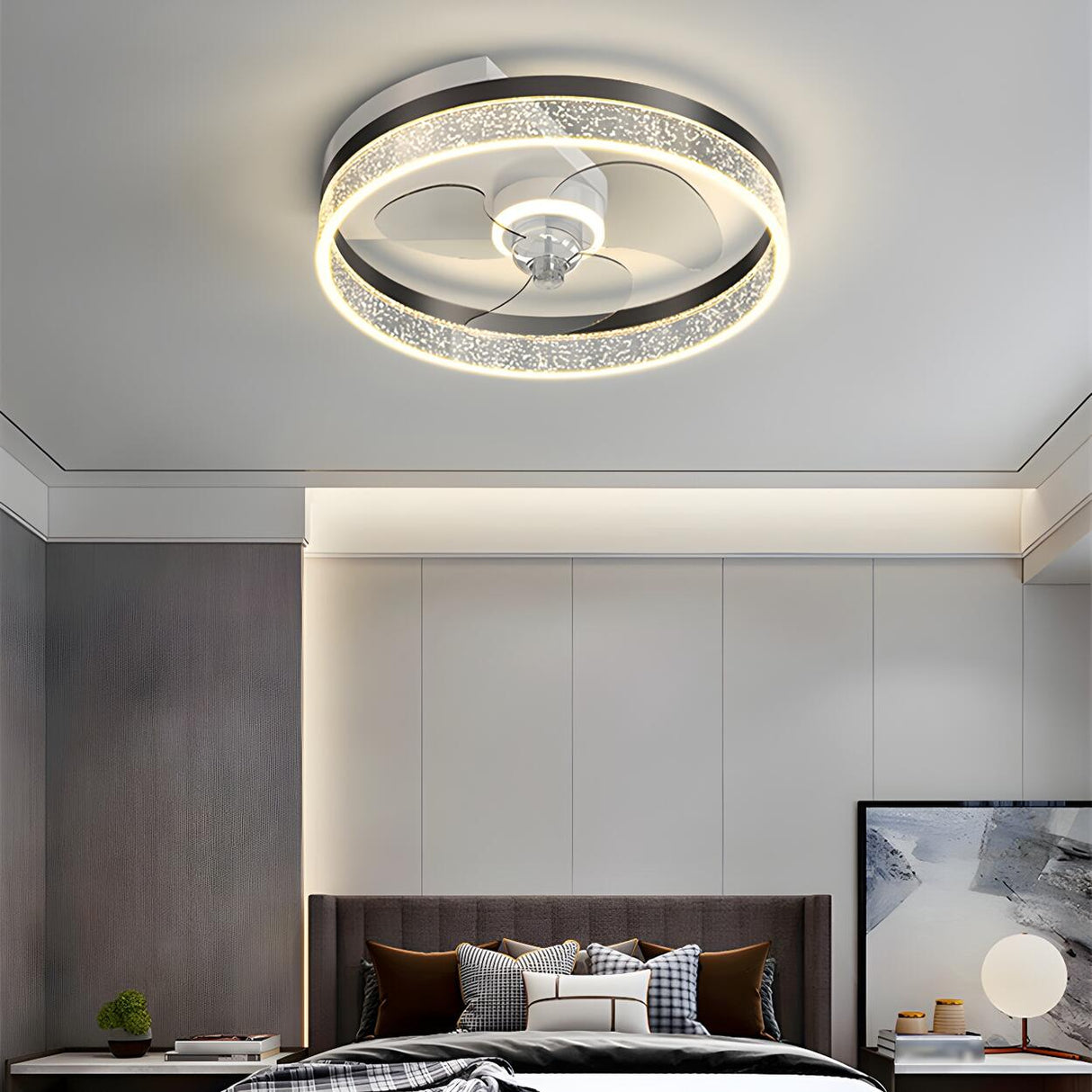 Modern Metal Ring Ornament Ceiling Fan with Light Image - 20
