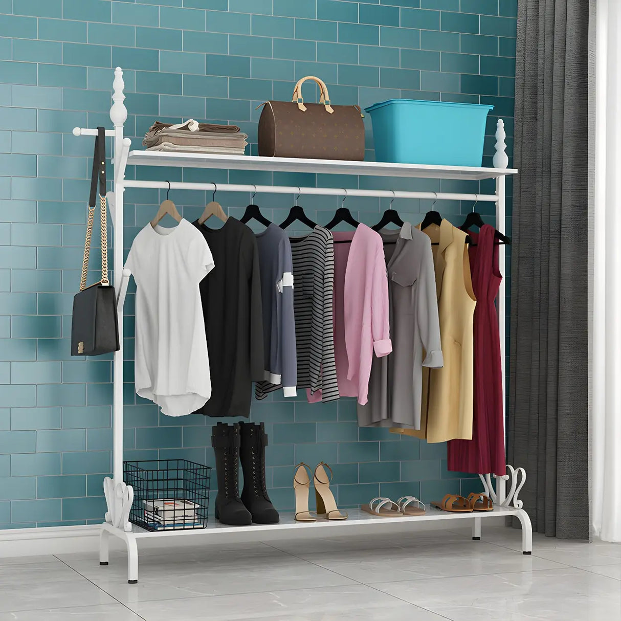 Modern Metal White Freestanding Coat Rack with Storage Image - 5
