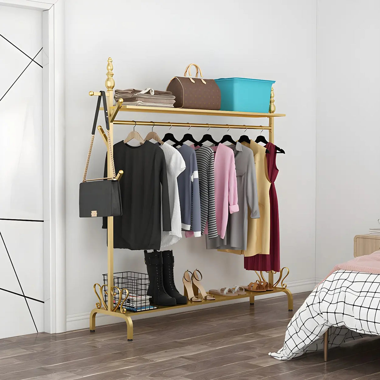 Modern Metal White Freestanding Coat Rack with Storage Image - 8