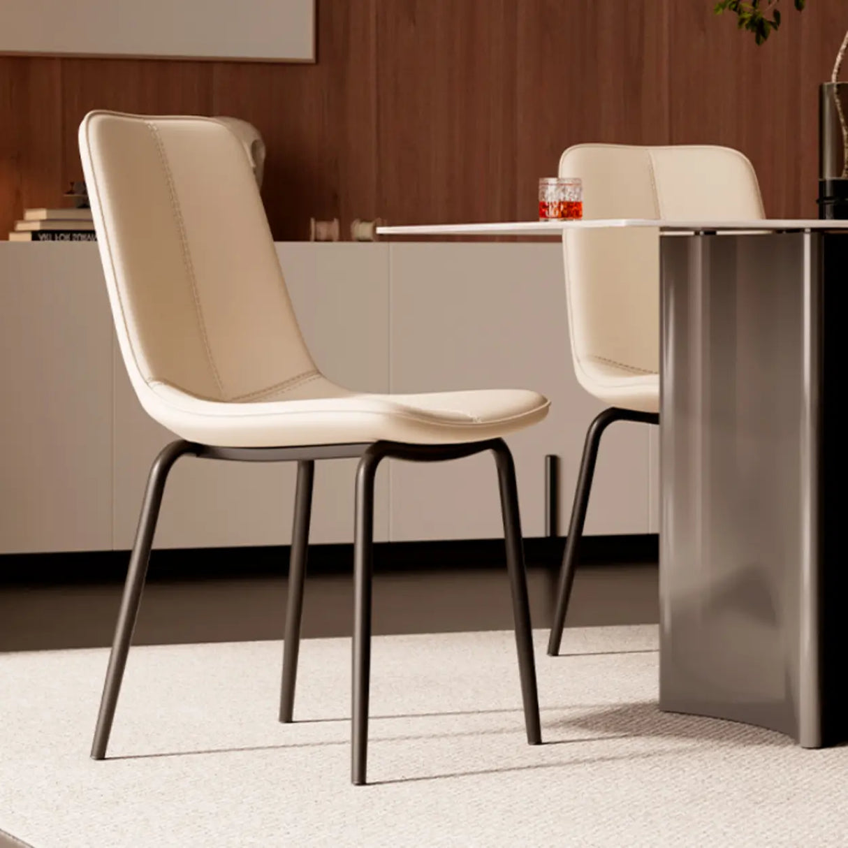 Modern Minimalist Beige Leather Dining Chair with Back Image - 4