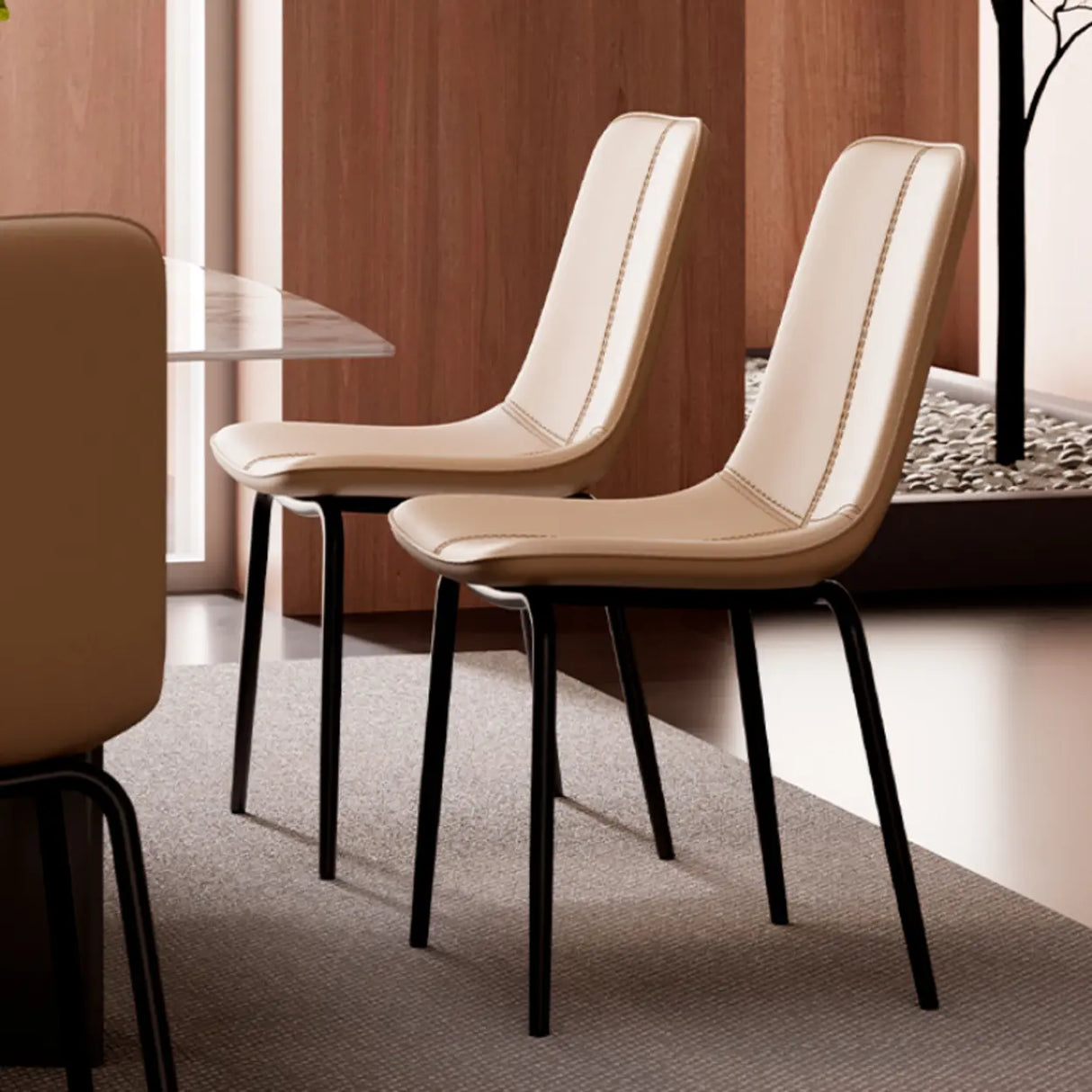 Modern Minimalist Beige Leather Dining Chair with Back Image - 6