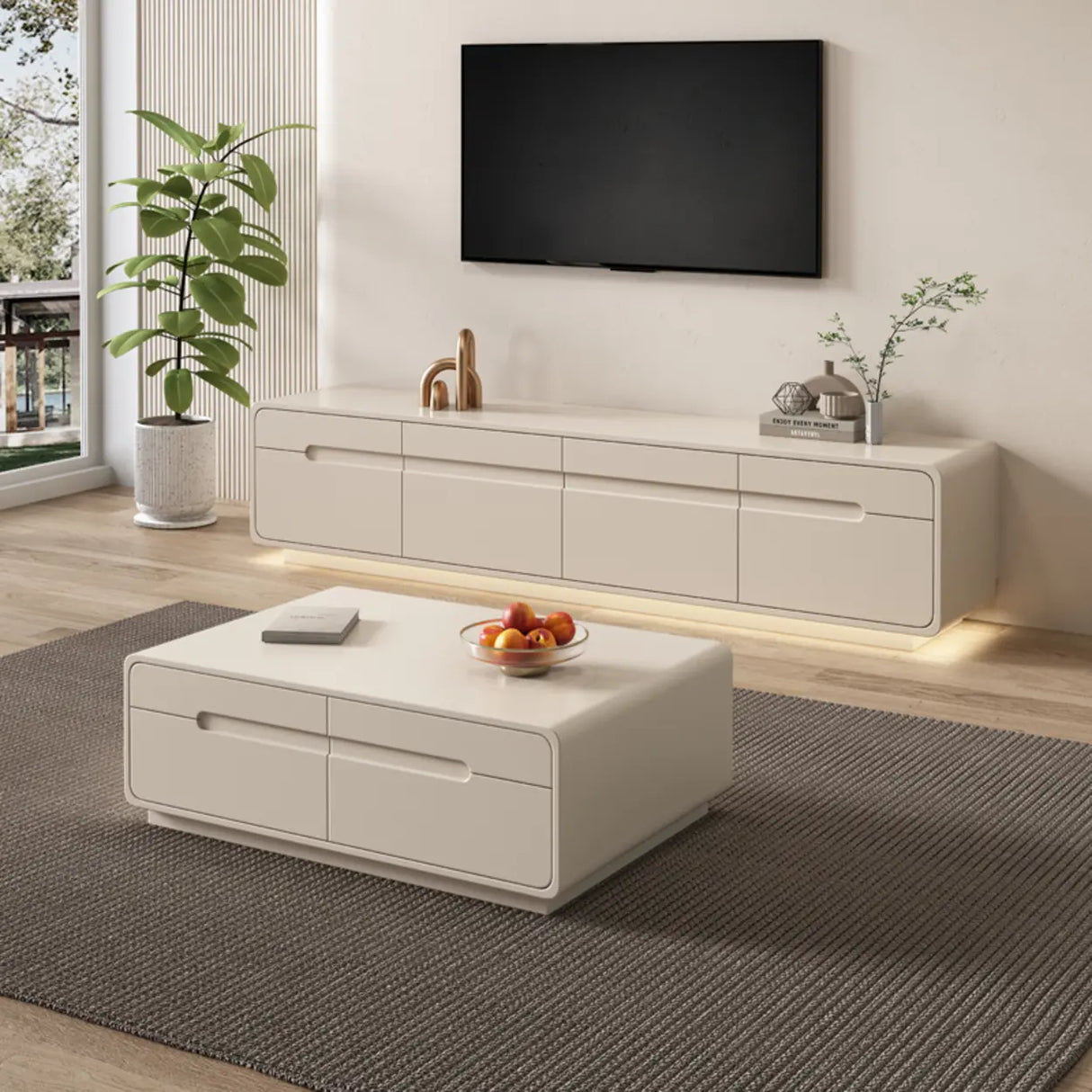 Modern Minimalist Beige TV Stand with Drawers Image - 3