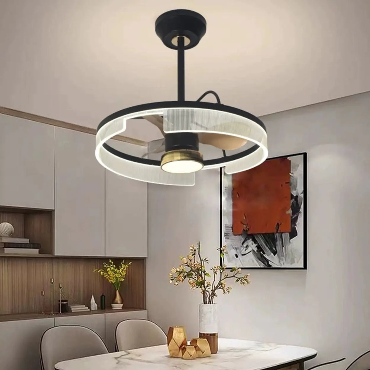 Modern Minimalist Black Circle Ceiling Fan with Light Image - 1