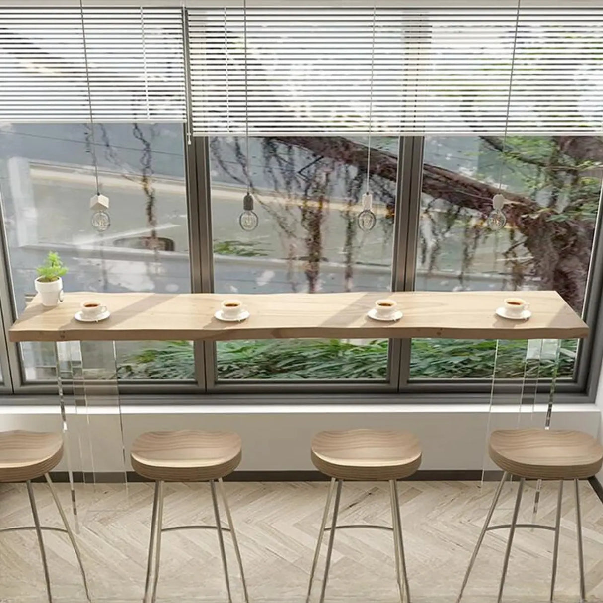 Modern Minimalist Clear Acrylic Pedestal Wood Bar Table Image - 1