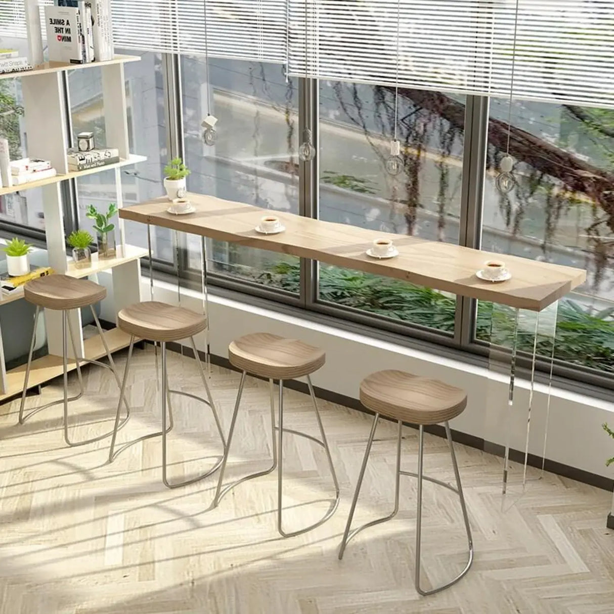 Modern Minimalist Clear Acrylic Pedestal Wood Bar Table Image - 2
