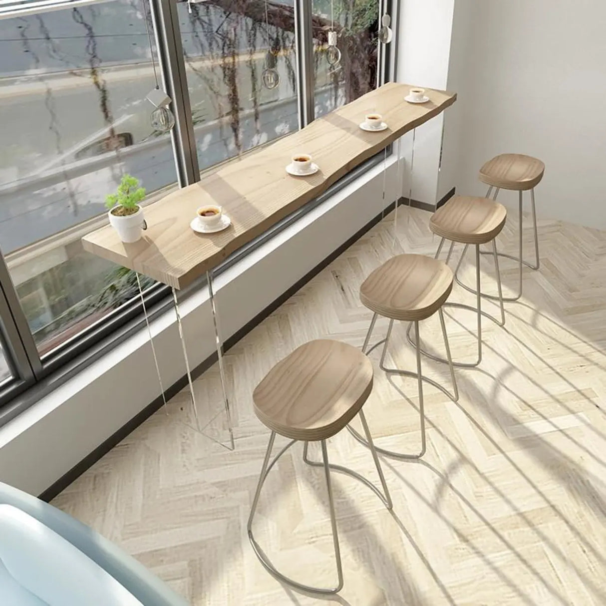 Modern Minimalist Clear Acrylic Pedestal Wood Bar Table Image - 3