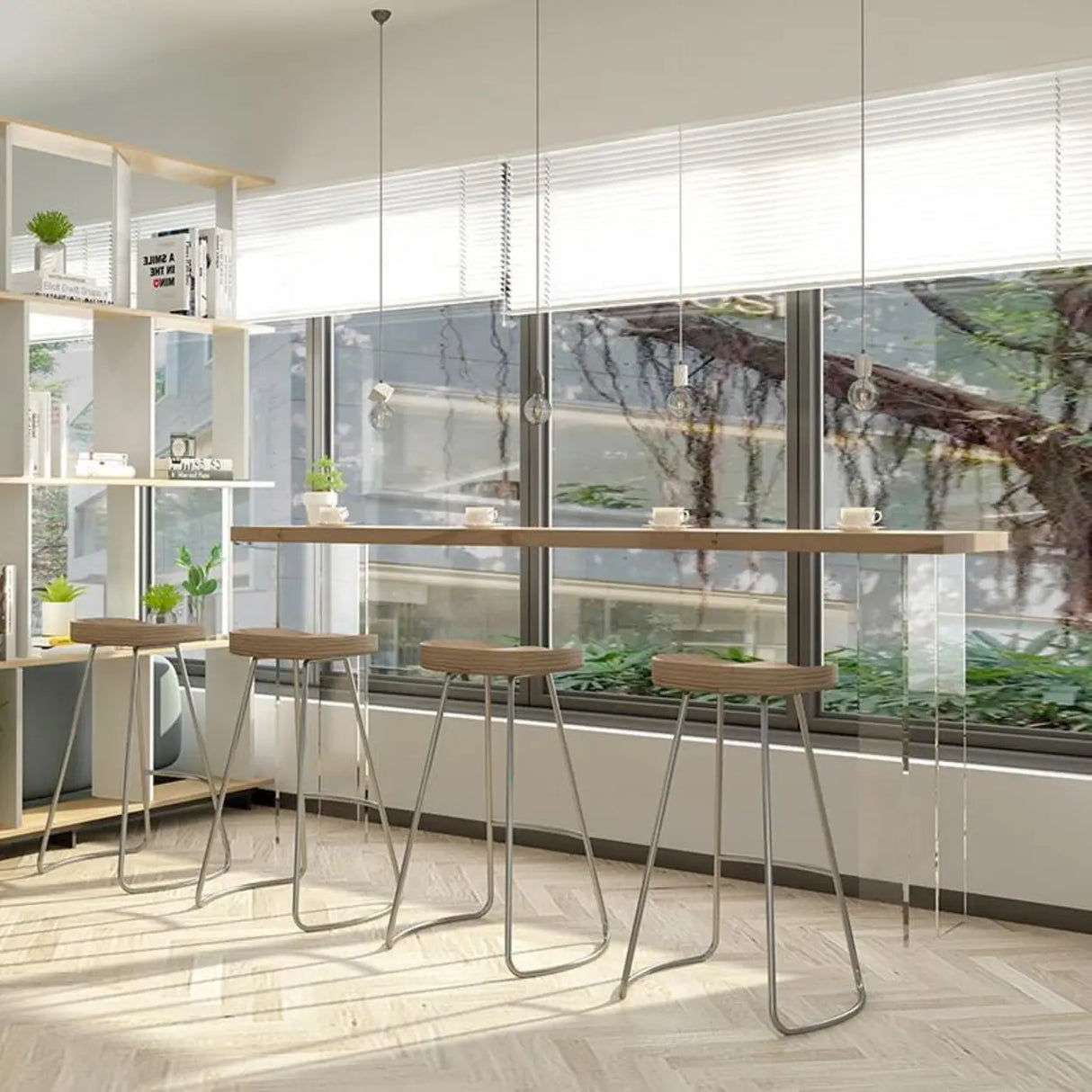 Modern Minimalist Clear Acrylic Pedestal Wood Bar Table Image - 4