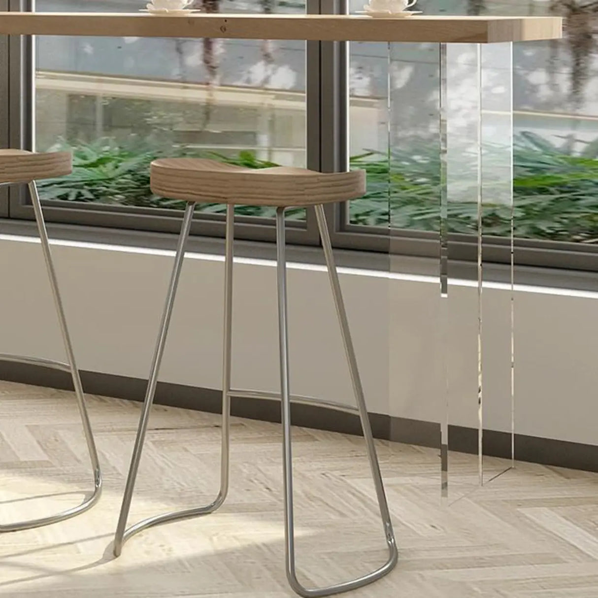 Modern Minimalist Clear Acrylic Pedestal Wood Bar Table Image - 7