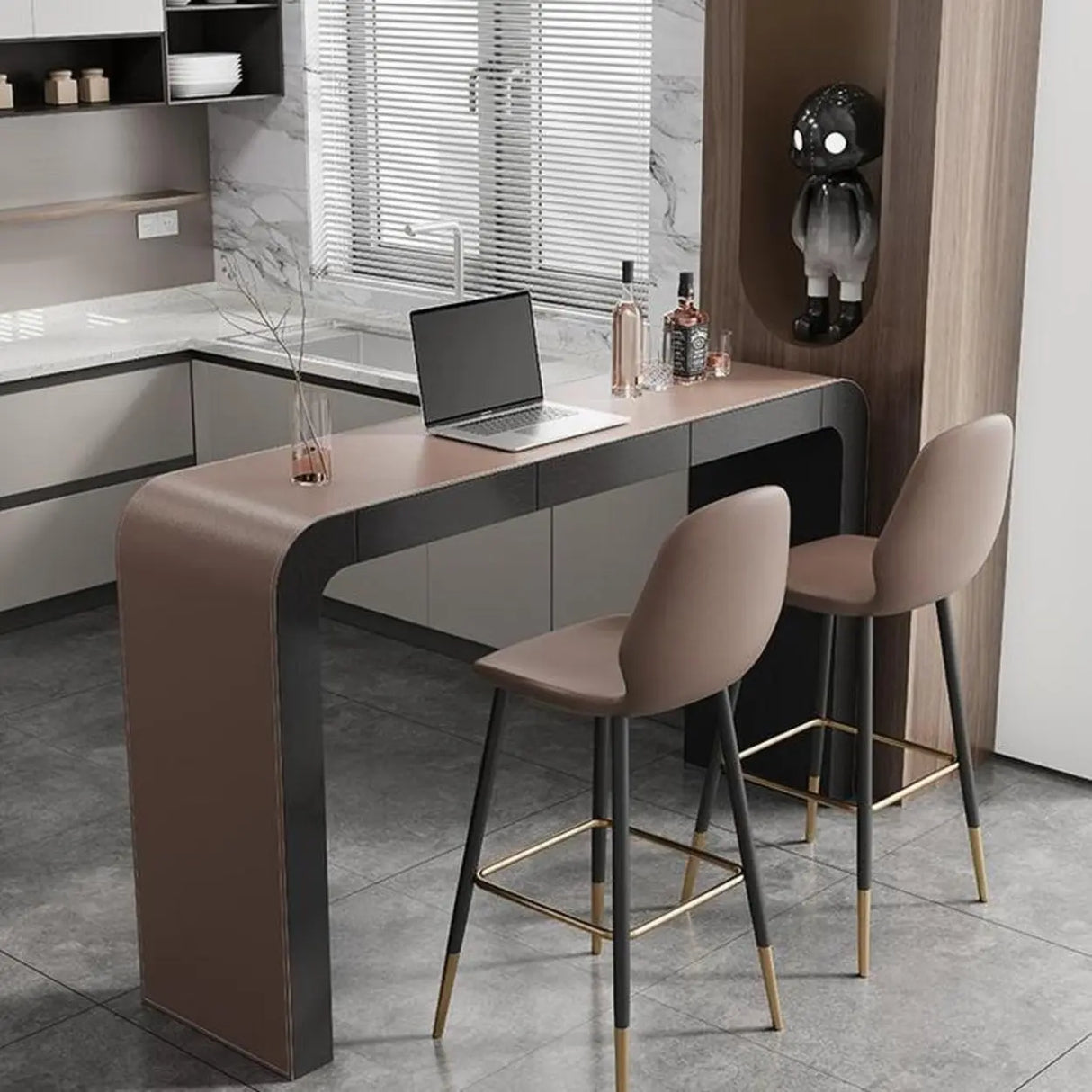 Modern Minimalist Curved Counter Height Wood Bar Table Image - 1