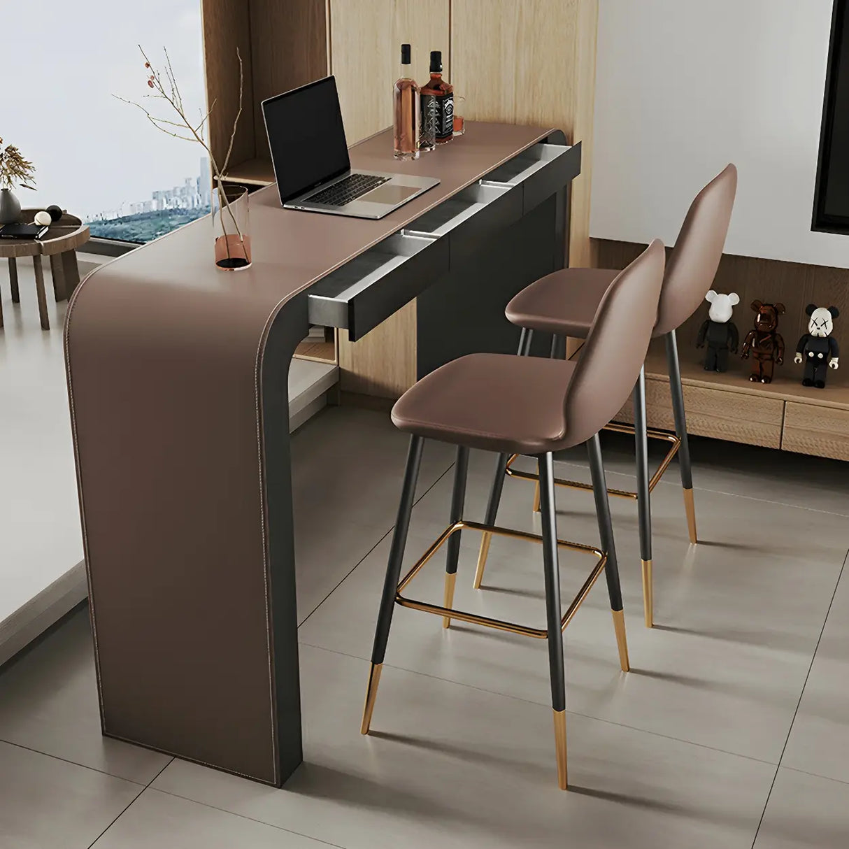 Modern Minimalist Curved Counter Height Wood Bar Table Image - 6