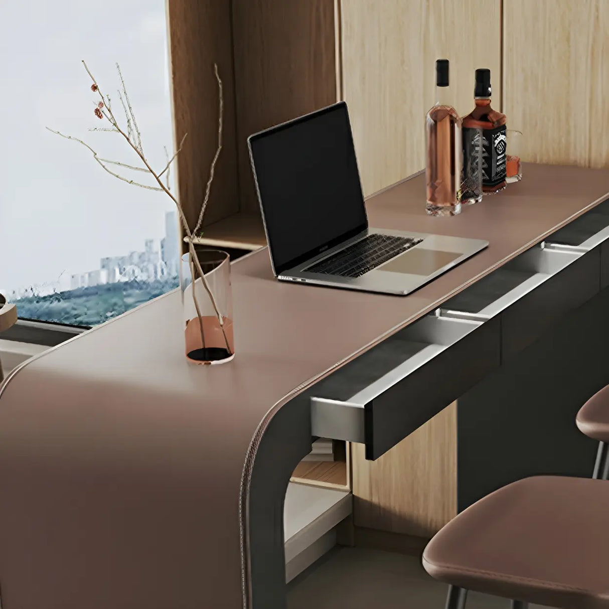 Modern Minimalist Curved Counter Height Wood Bar Table Image - 7