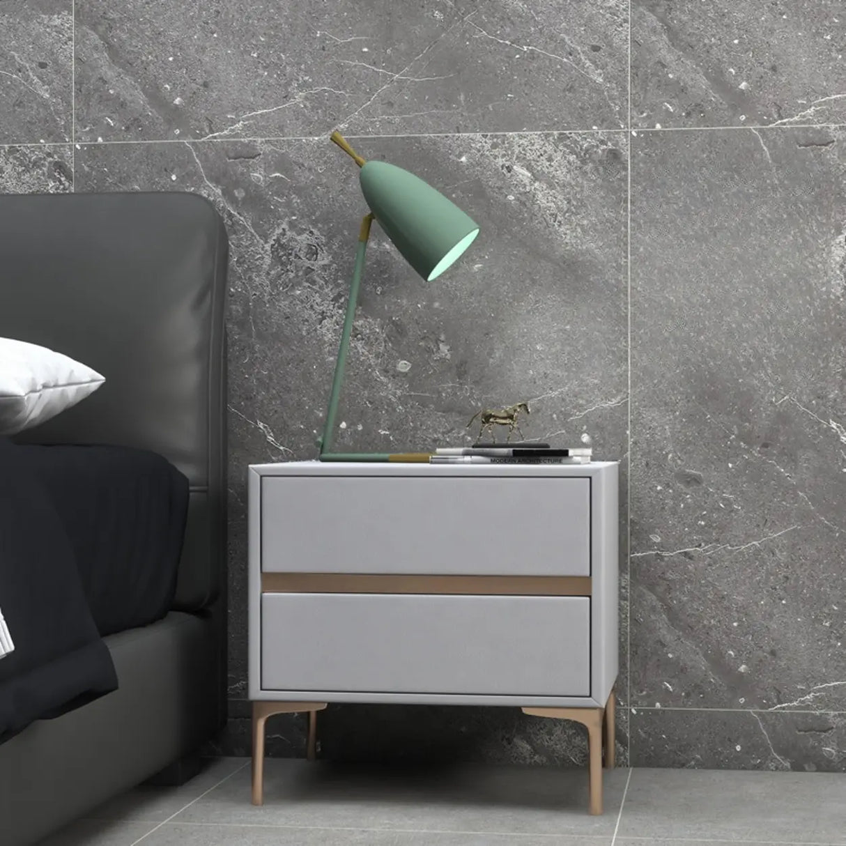 Modern Minimalist Gray Nightstand with Drawers & Gold Legs Image - 1