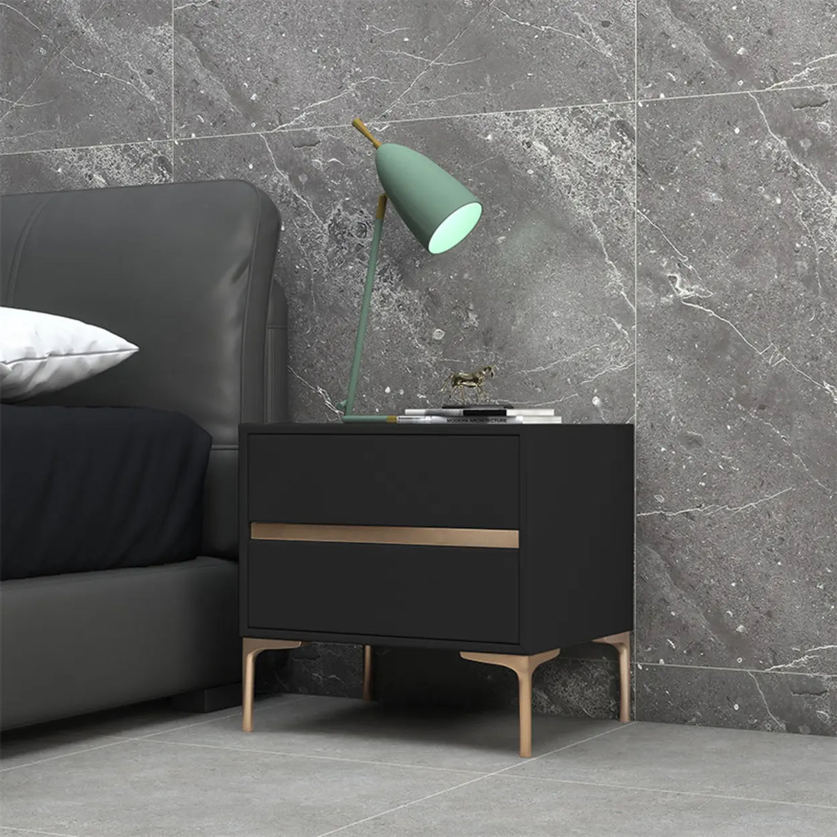 Modern Minimalist Gray Nightstand with Drawers & Gold Legs Image - 10