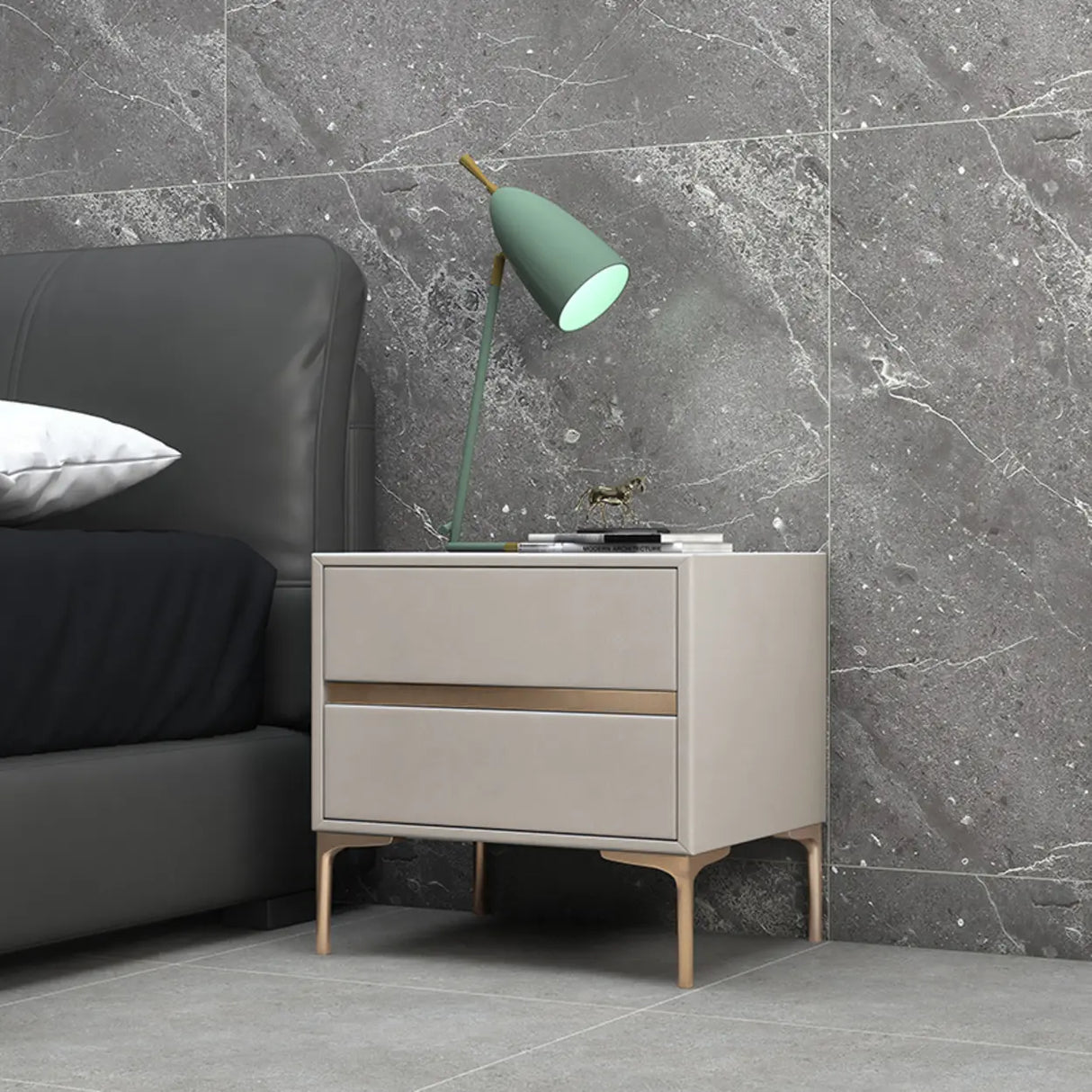 Modern Minimalist Gray Nightstand with Drawers & Gold Legs Image - 11