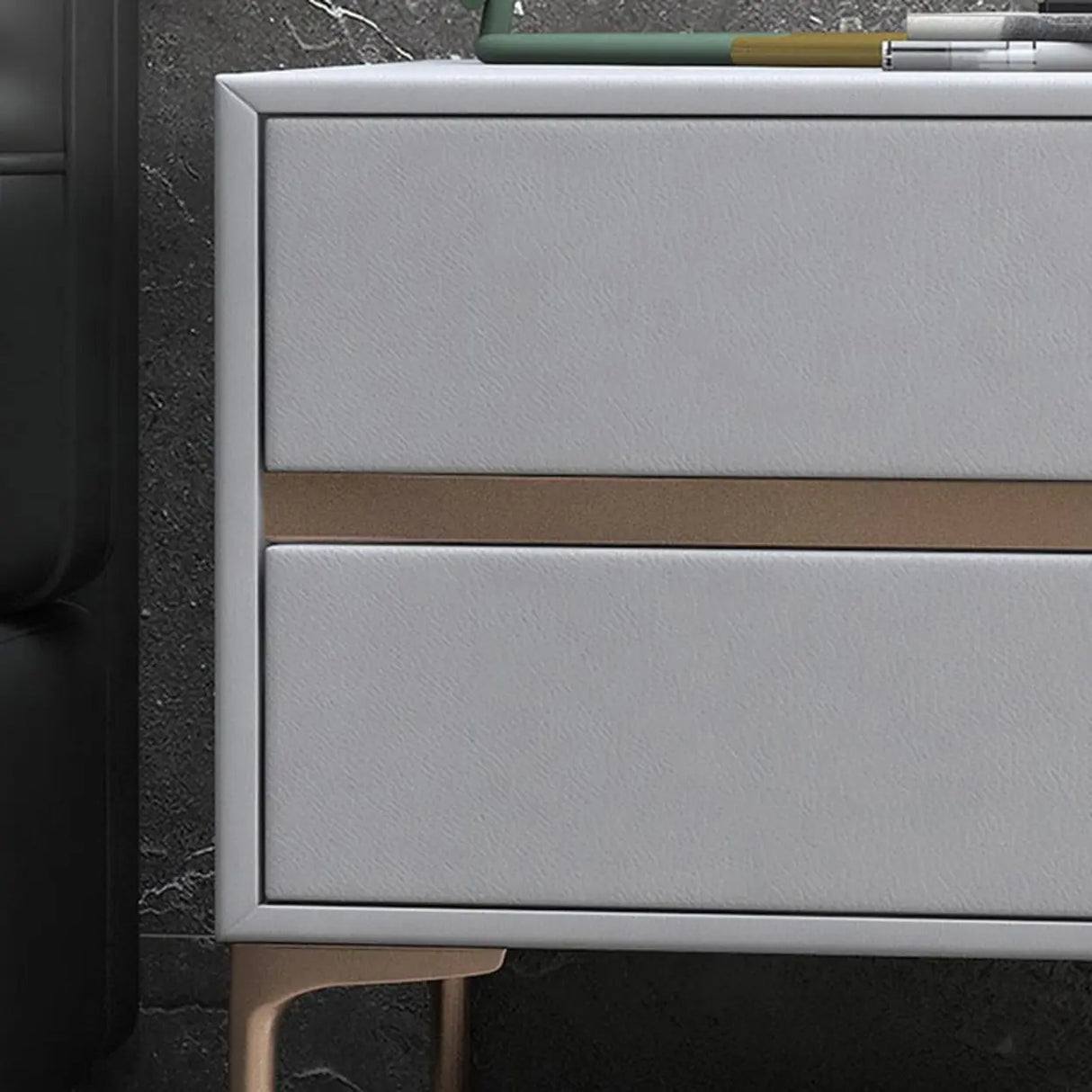 Modern Minimalist Gray Nightstand with Drawers & Gold Legs Image - 12