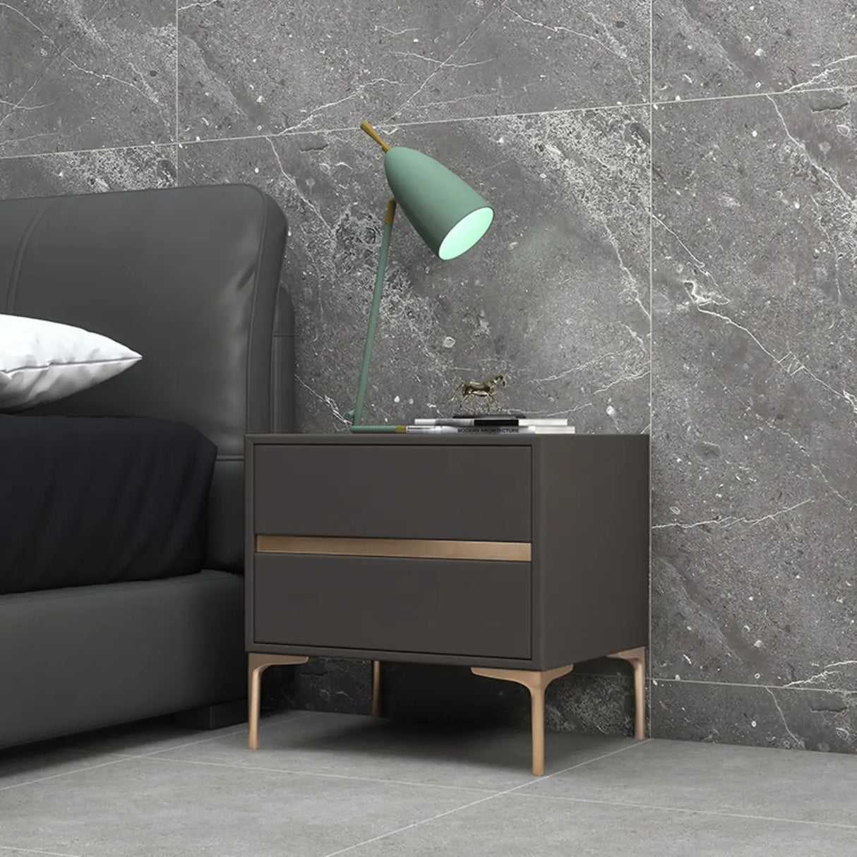 Modern Minimalist Gray Nightstand with Drawers & Gold Legs Image - 14