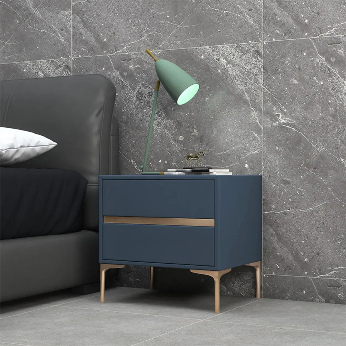 Modern Minimalist Gray Nightstand with Drawers & Gold Legs Image - 16