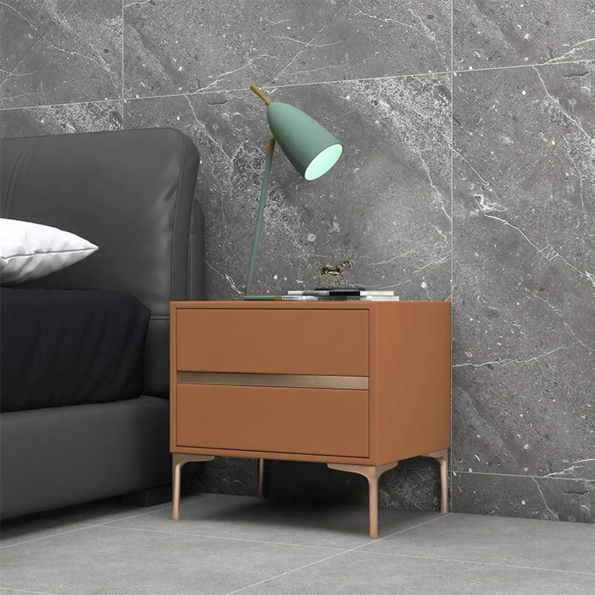 Modern Minimalist Gray Nightstand with Drawers & Gold Legs Image - 17