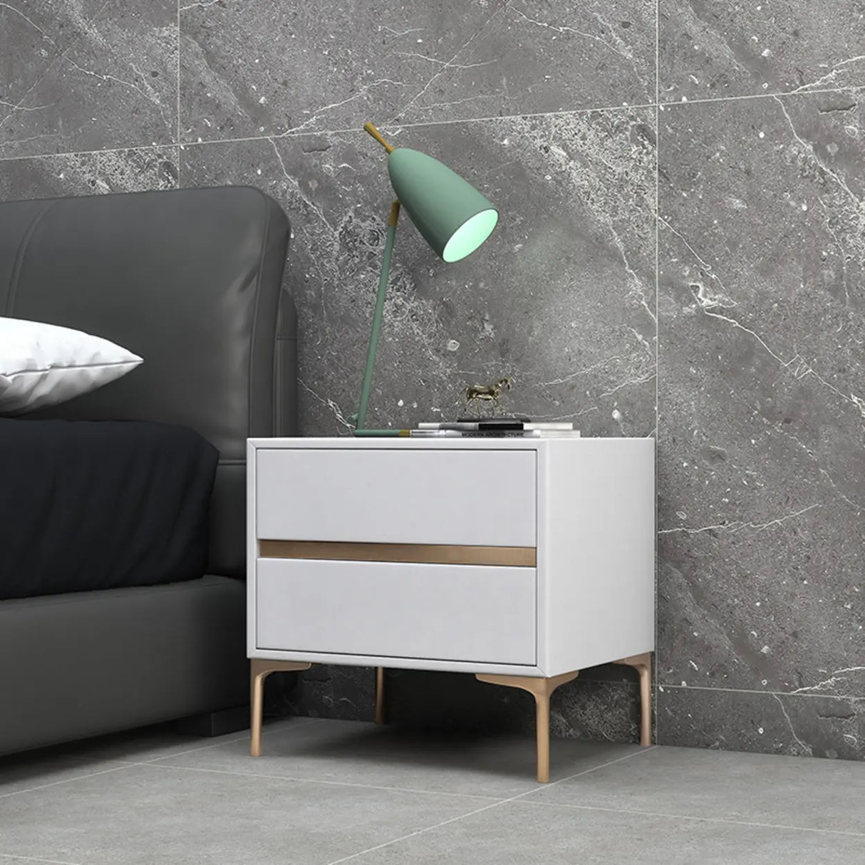 Modern Minimalist Gray Nightstand with Drawers & Gold Legs Image - 2