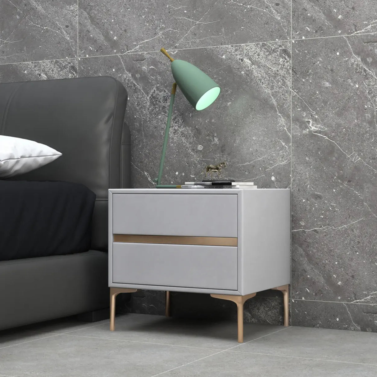 Modern Minimalist Gray Nightstand with Drawers & Gold Legs Image - 3