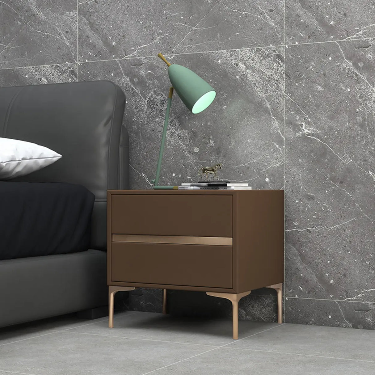 Modern Minimalist Gray Nightstand with Drawers & Gold Legs Image - 5