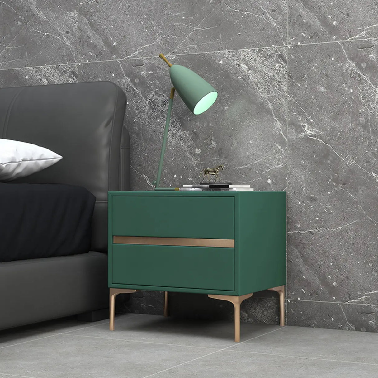 Modern Minimalist Gray Nightstand with Drawers & Gold Legs Image - 7