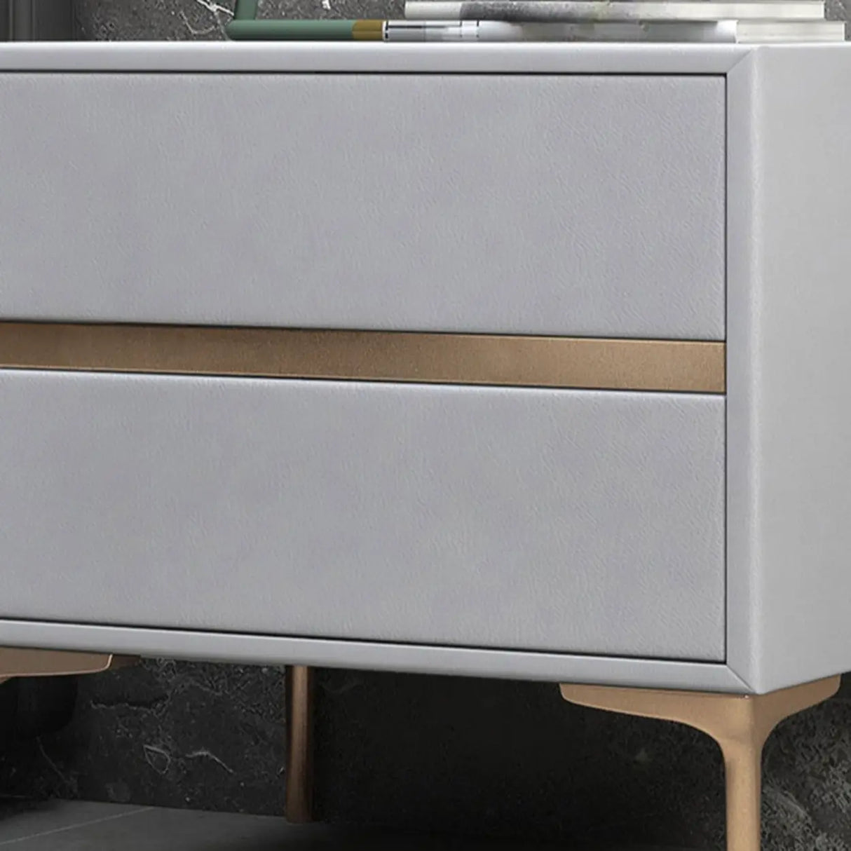 Modern Minimalist Gray Nightstand with Drawers & Gold Legs Image - 9