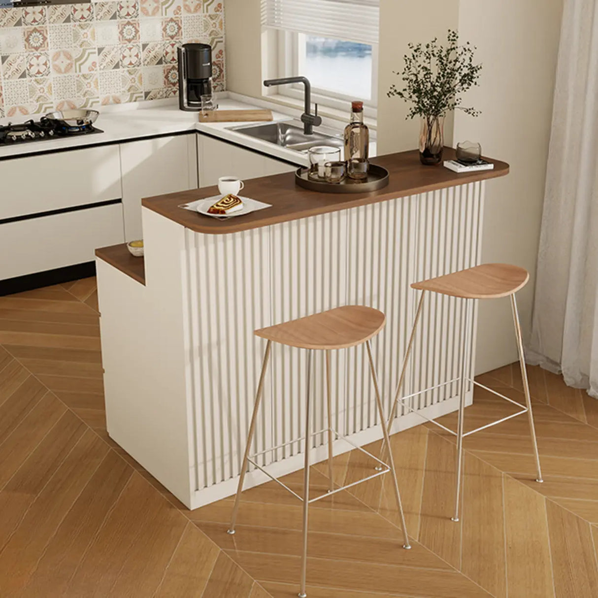 Modern Minimalist Kitchen Bar Set with Wood Stools 2-Piece Image - 1