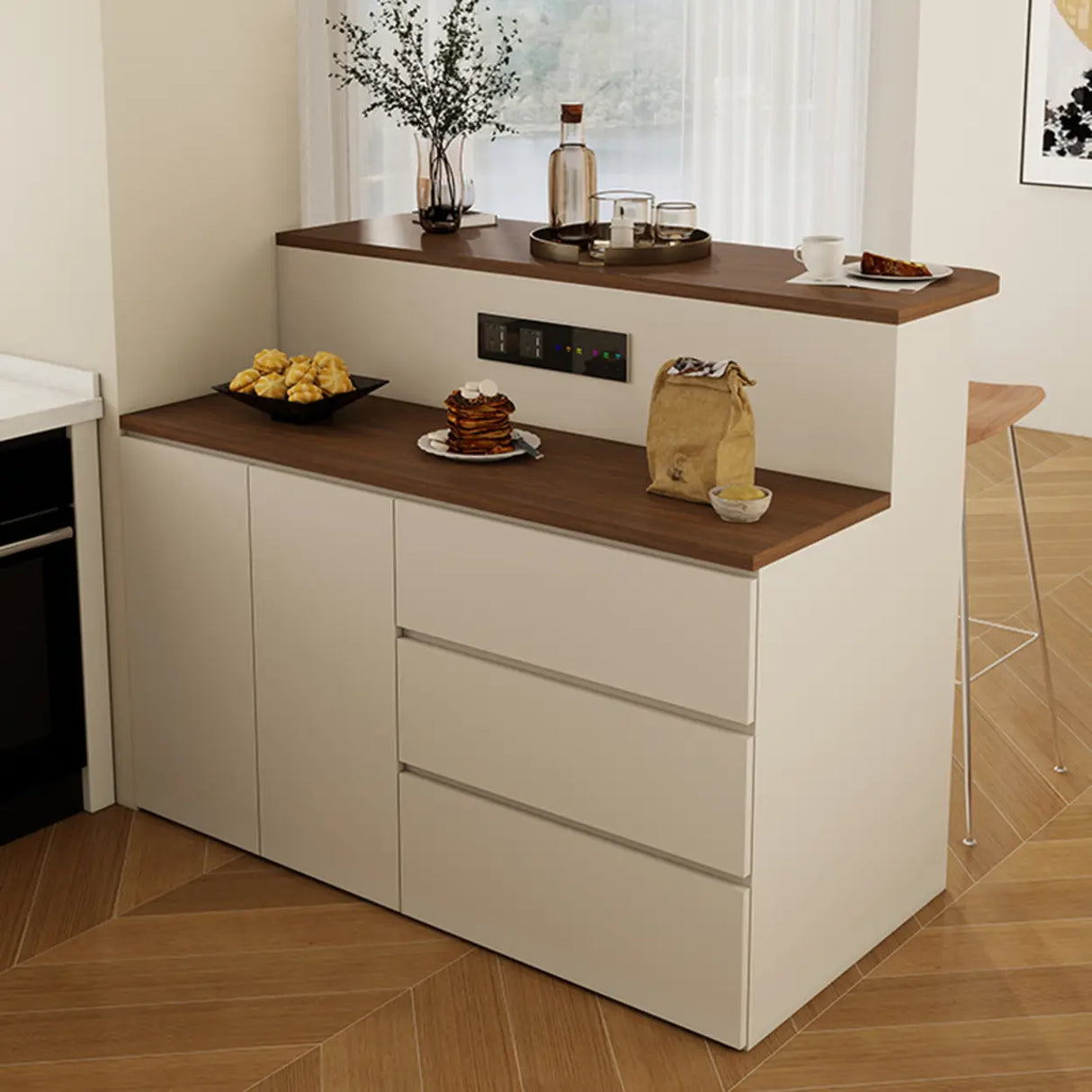 Modern Minimalist Kitchen Bar Set with Wood Stools 2-Piece Image - 4