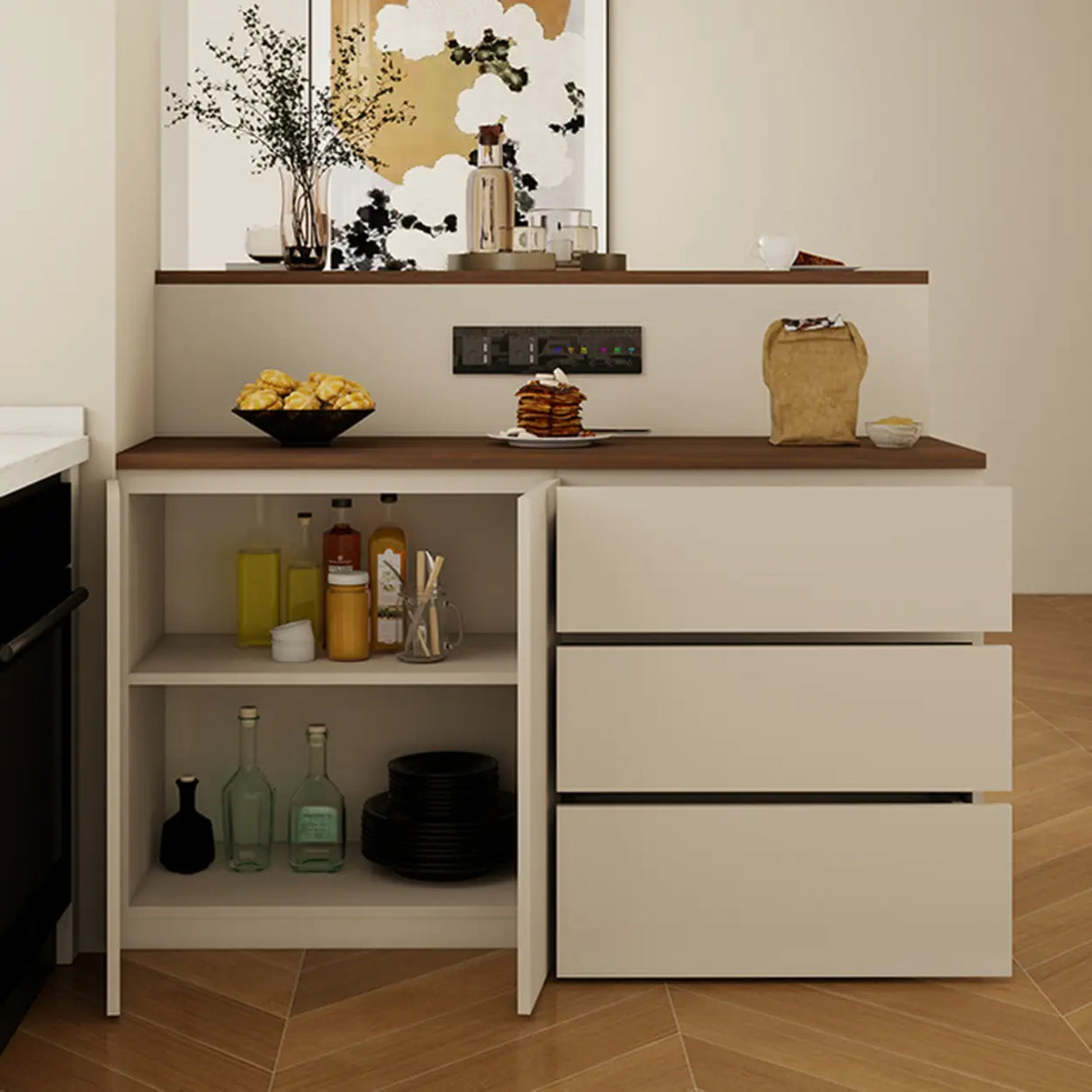 Modern Minimalist Kitchen Bar Set with Wood Stools 2-Piece Image - 6