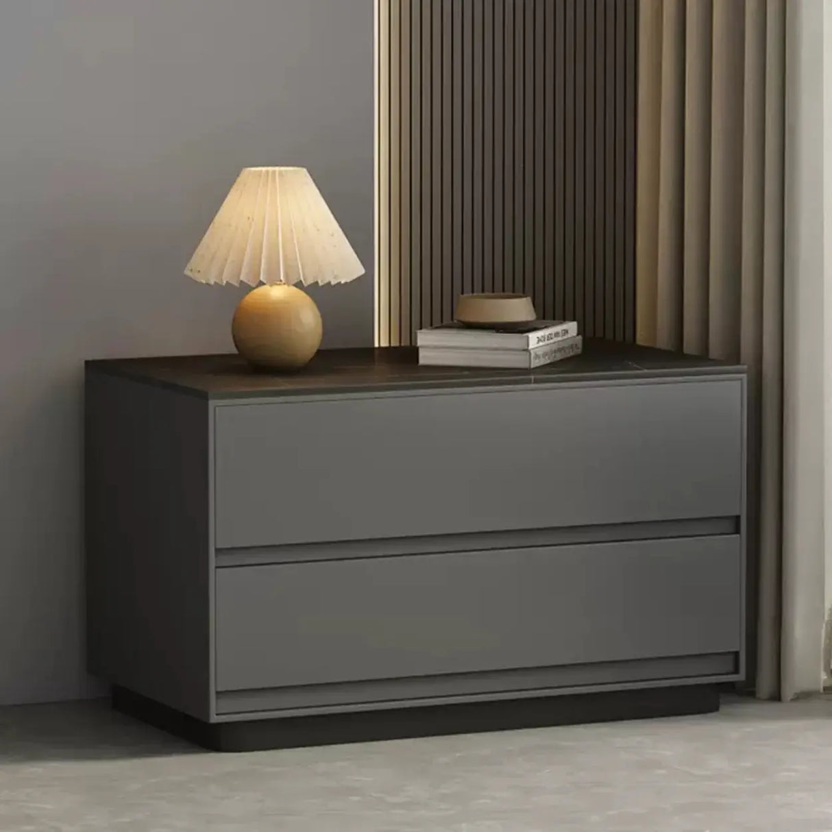 Modern Minimalist Matte Black Nightstand with Drawers Image - 2