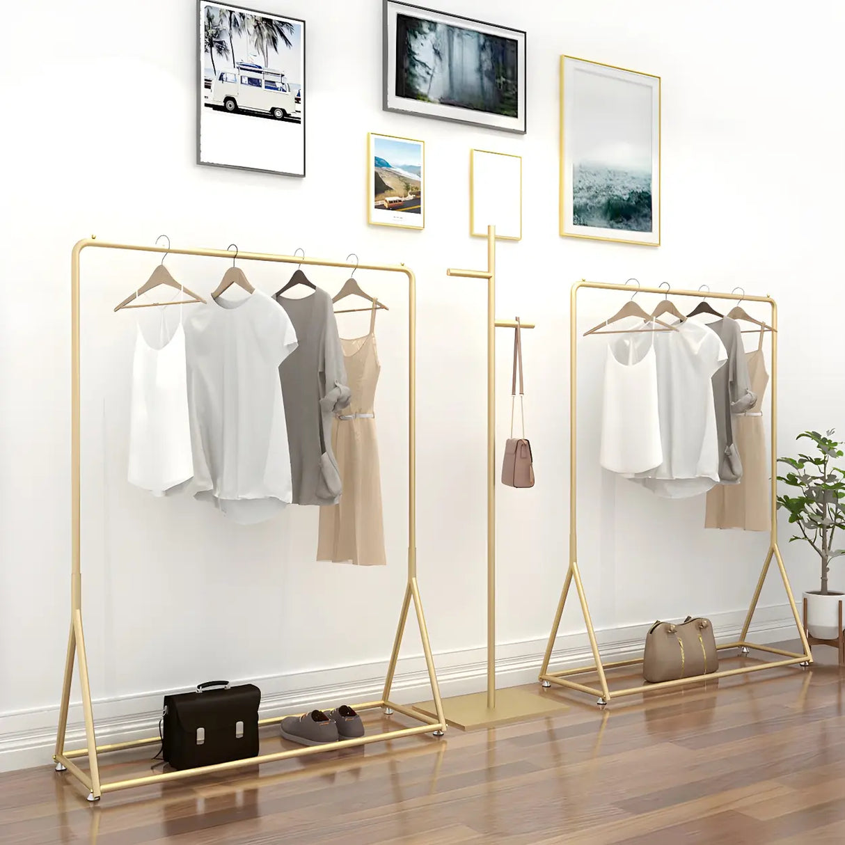 Modern Minimalist Metal Gold Large Standing Coat Rack Image - 1