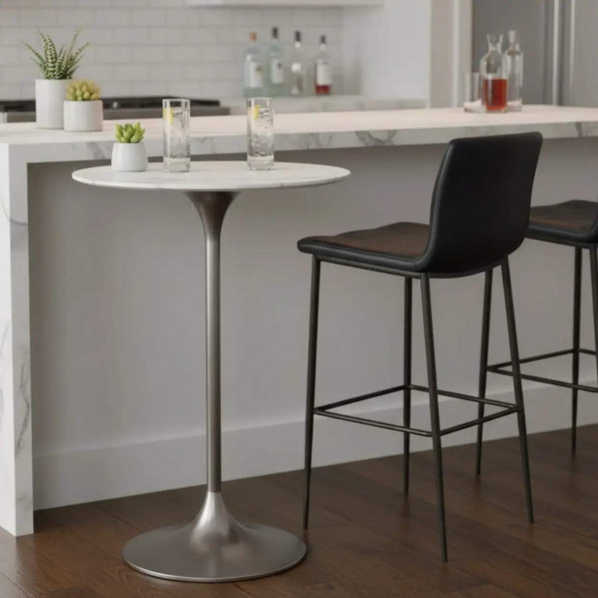 Modern Minimalist Small Round Stone Bistro Bar Table Image - 3