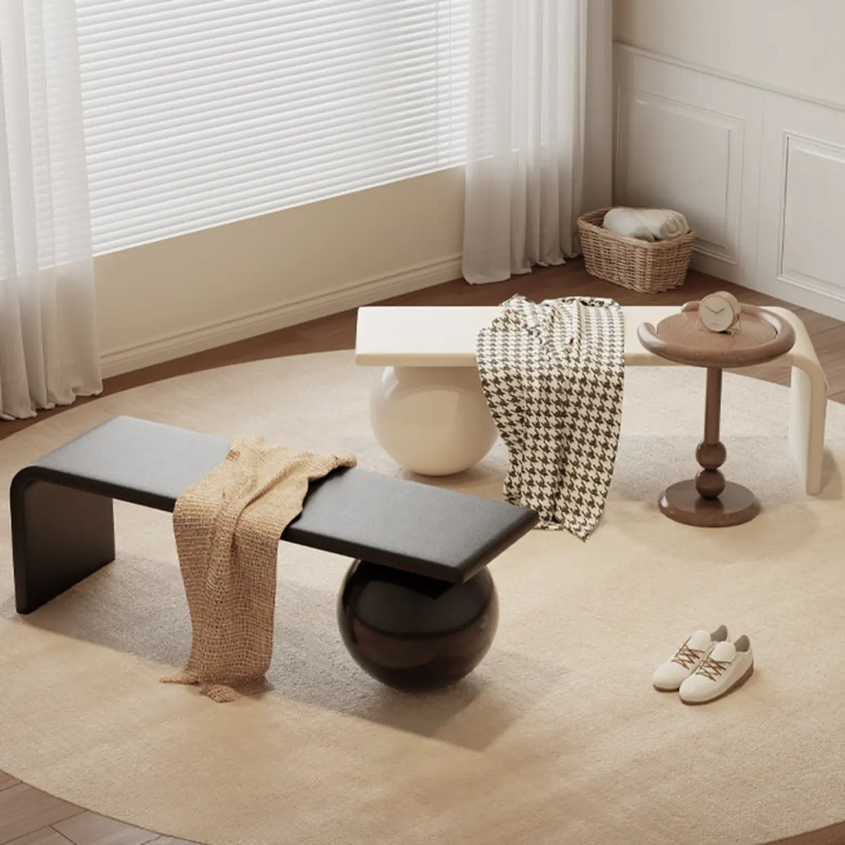 Modern Minimalist Sphere Leg Bench Set for Living Rooms Image - 1
