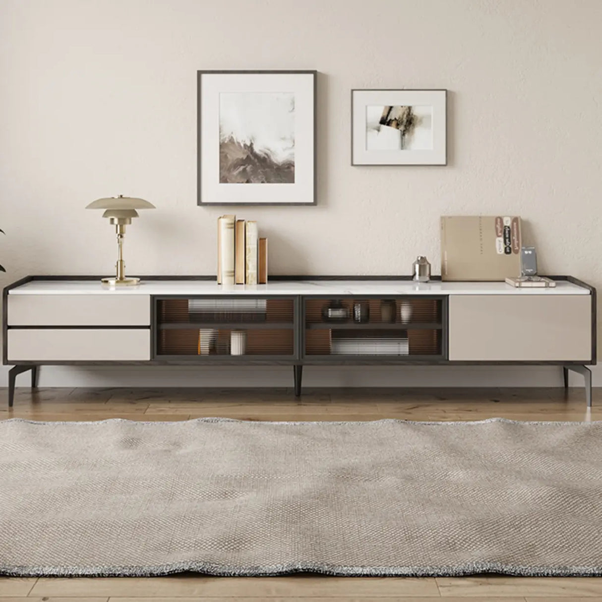 Modern Minimalist TV Stand with Drawers and Marble Top Image - 1