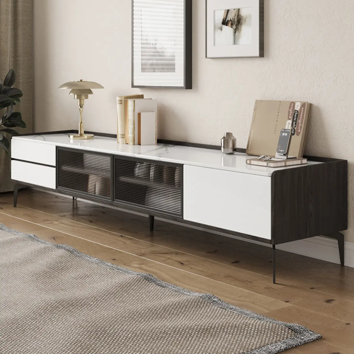Modern Minimalist TV Stand with Drawers and Marble Top Image - 2