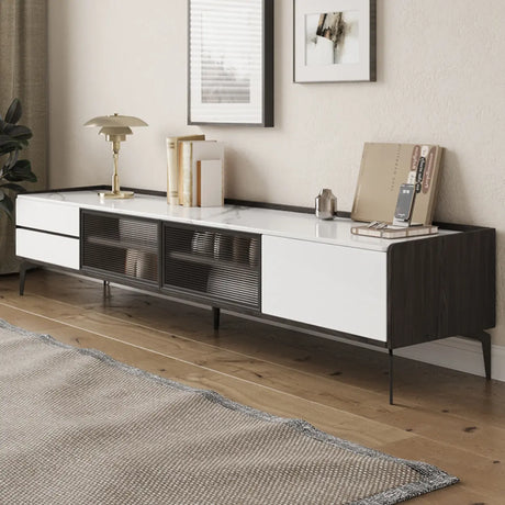 Modern Minimalist TV Stand with Drawers and Marble Top Image - 2