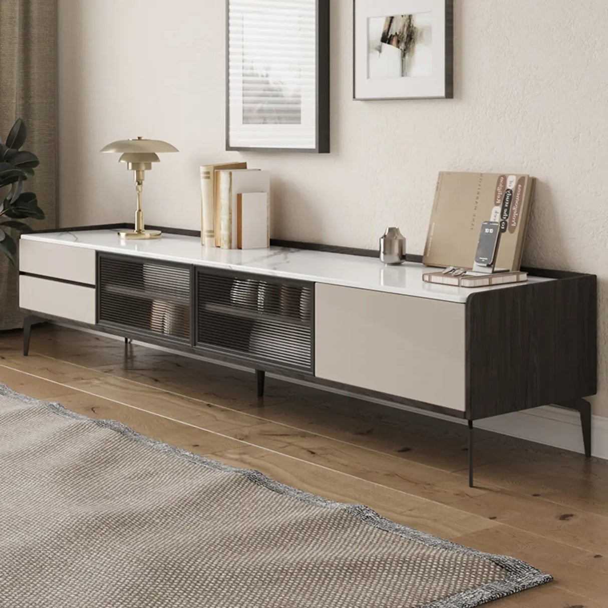 Modern Minimalist TV Stand with Drawers and Marble Top Image - 3