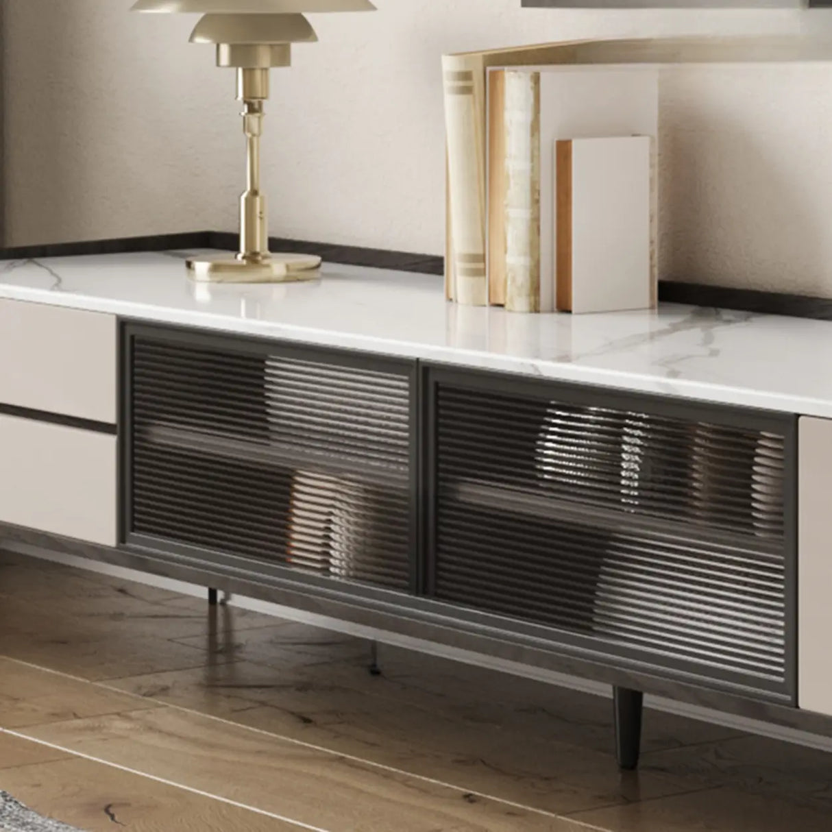 Modern Minimalist TV Stand with Drawers and Marble Top Image - 4