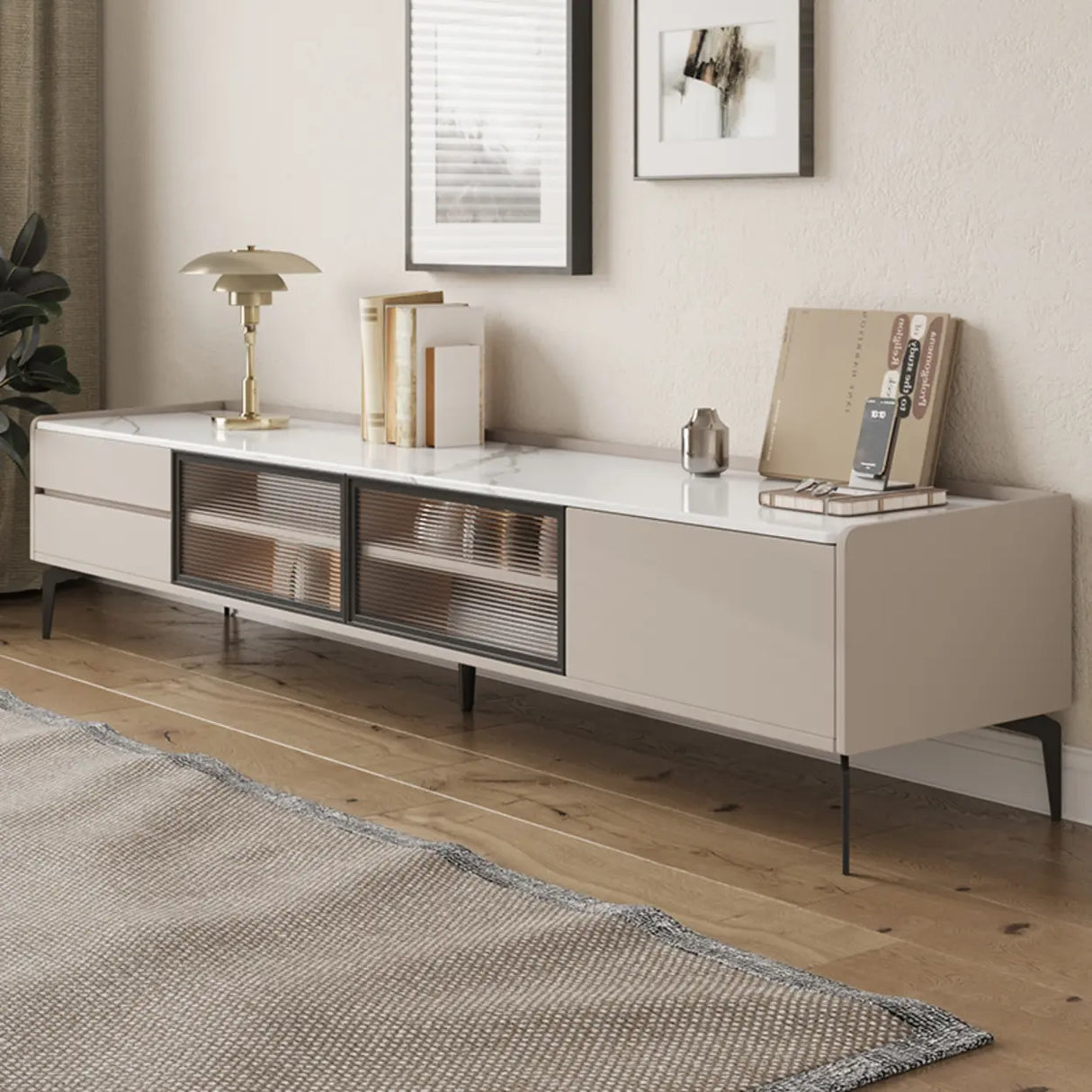 Modern Minimalist TV Stand with Drawers and Marble Top Image - 5