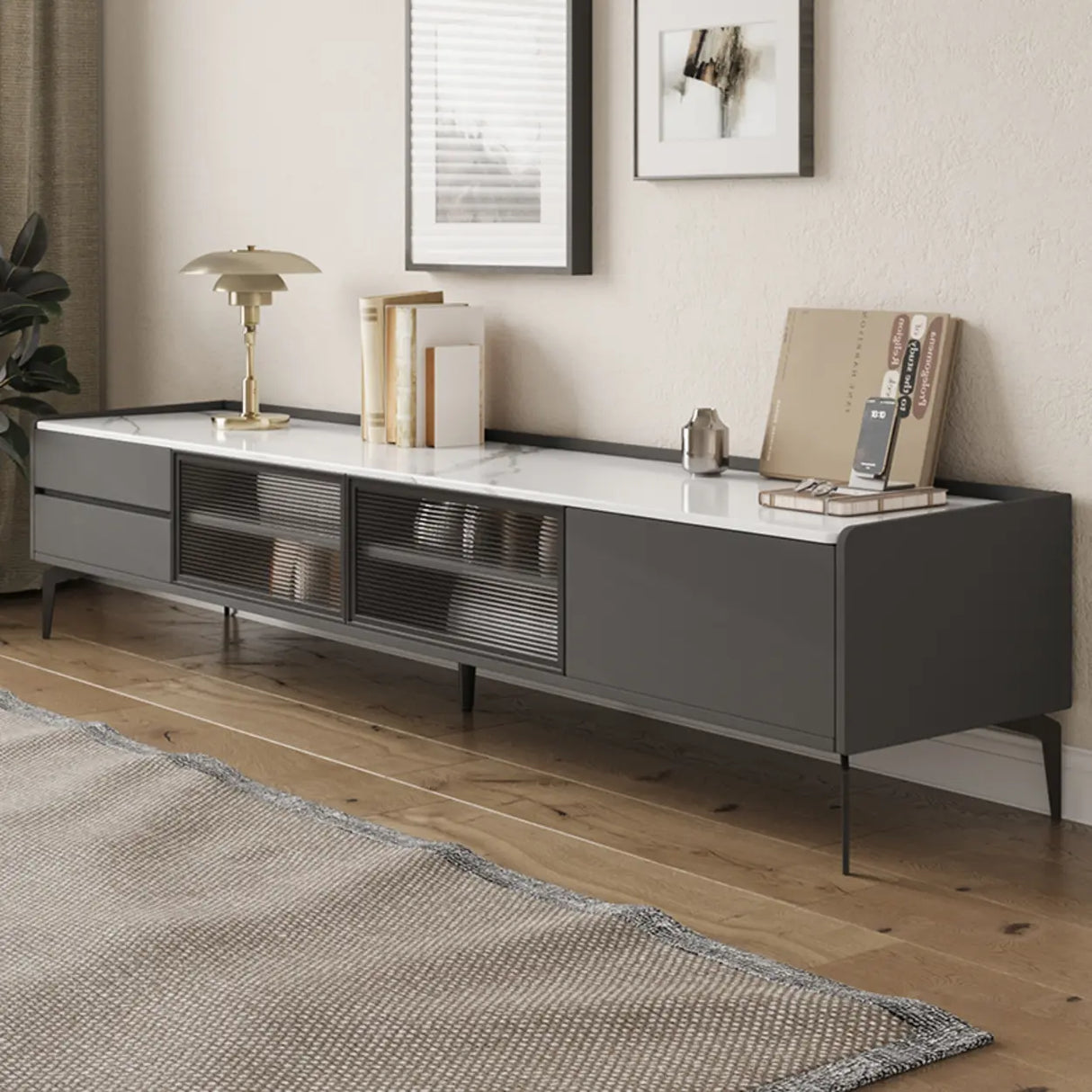 Modern Minimalist TV Stand with Drawers and Marble Top Image - 7