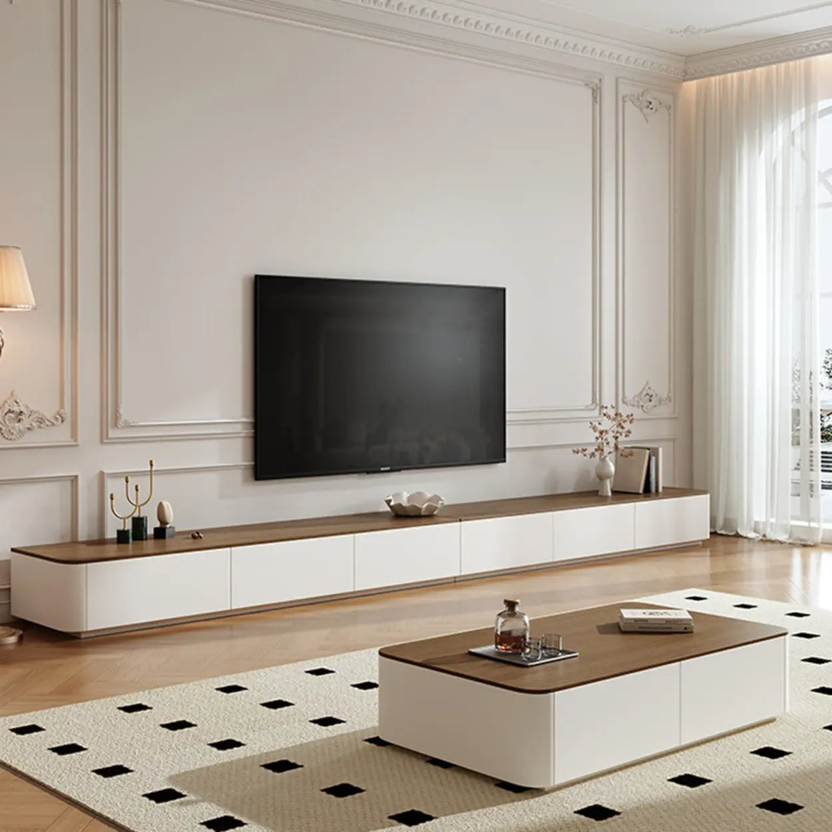 Modern Minimalist Walnut Top TV Stand with Storage Cabinets Image - 1