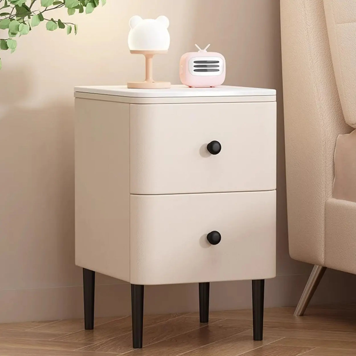 Modern Minimalist White Marble Top Nightstand with Drawers Image - 1