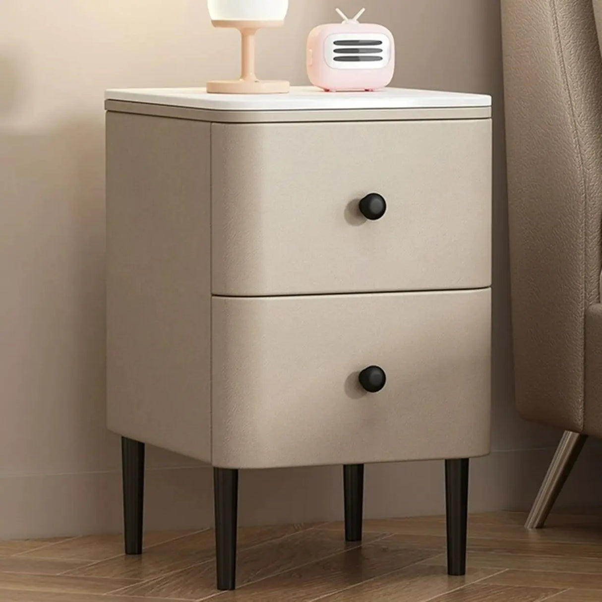 Modern Minimalist White Marble Top Nightstand with Drawers Image - 10