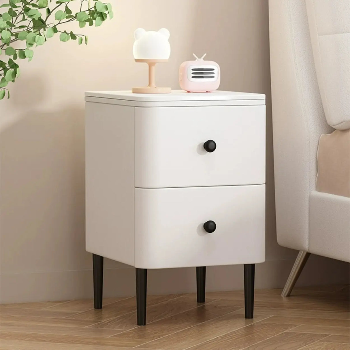 Modern Minimalist White Marble Top Nightstand with Drawers Image - 2