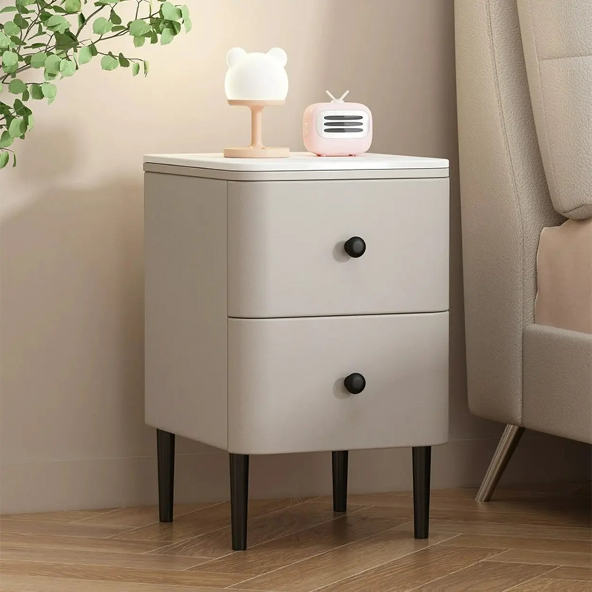 Modern Minimalist White Marble Top Nightstand with Drawers Image - 3