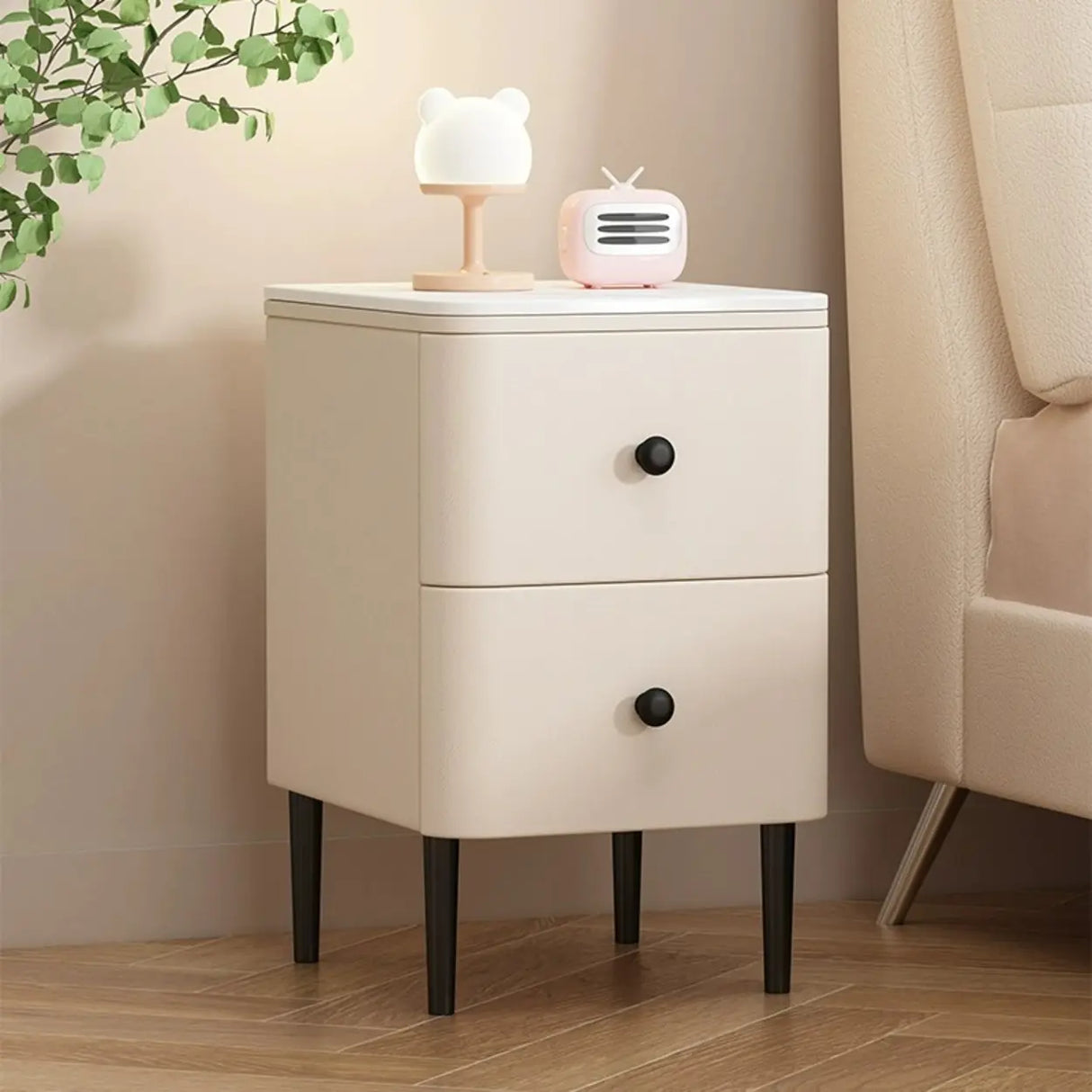 Modern Minimalist White Marble Top Nightstand with Drawers Image - 5
