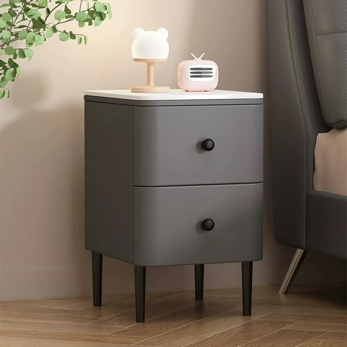 Modern Minimalist White Marble Top Nightstand with Drawers Image - 8