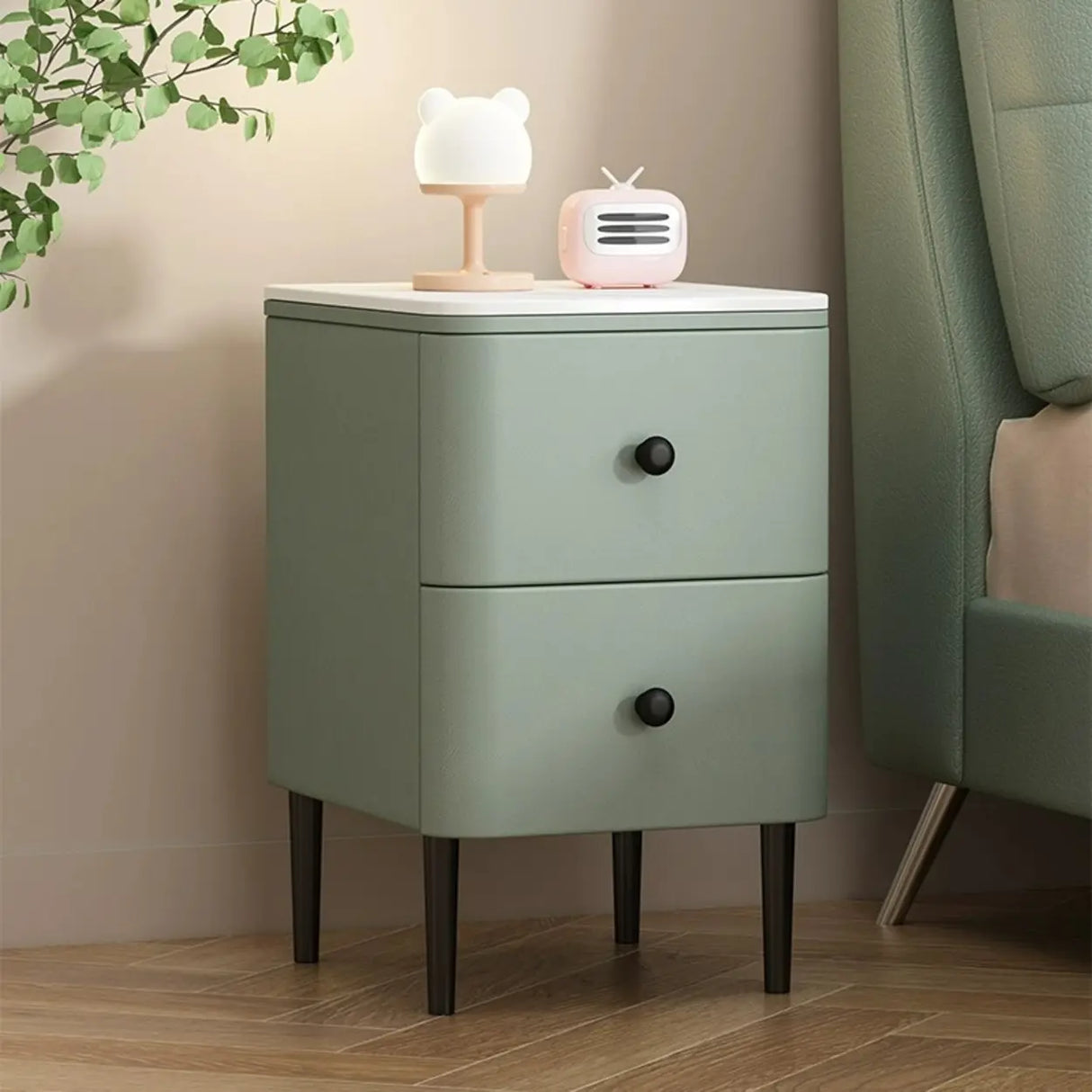 Modern Minimalist White Marble Top Nightstand with Drawers Image - 9