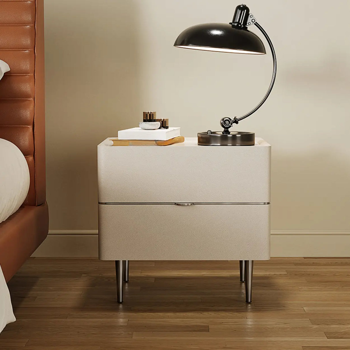 Modern Minimalist White Nightstand with Drawers & Metal Legs Image - 1
